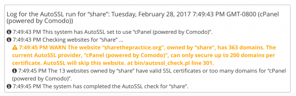 200 domain limit reached in cPanel for AutoSSL