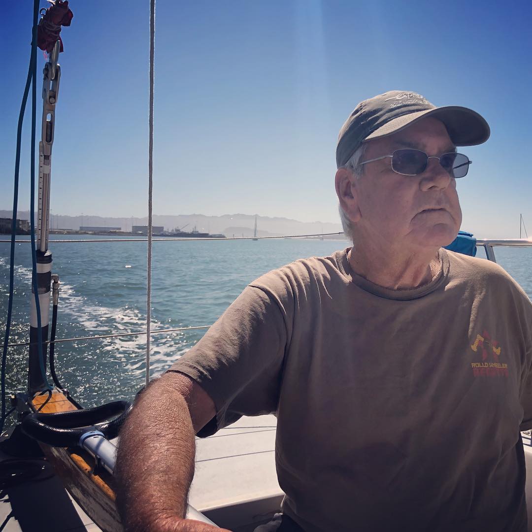 Fearless Bob Harford on our way to Westpoint Regatta start on Express 37 Stewball