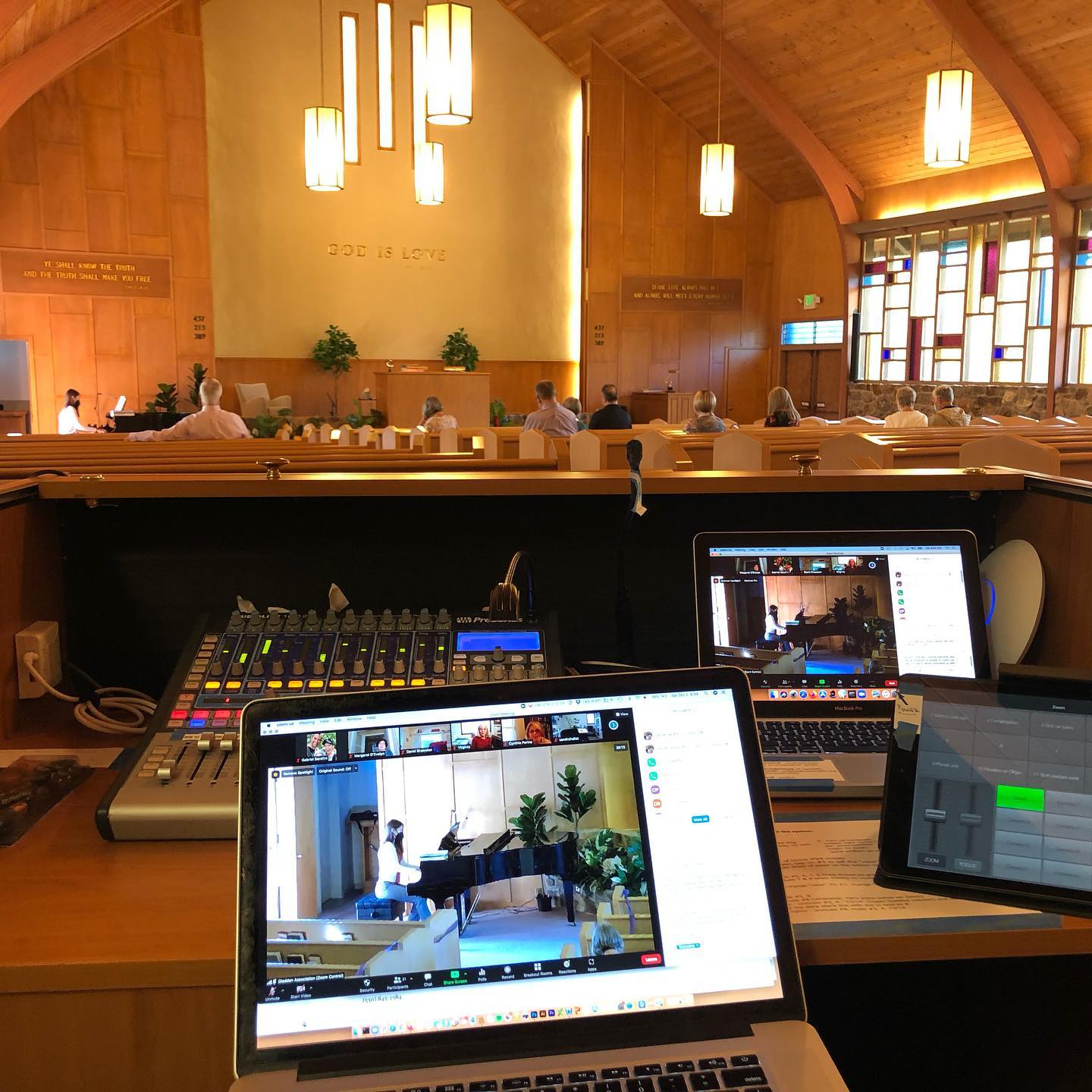 My office this morning - Zoom techi for the Gladden Association at the beautiful First Church of Christ, Scientist, Palo Alto